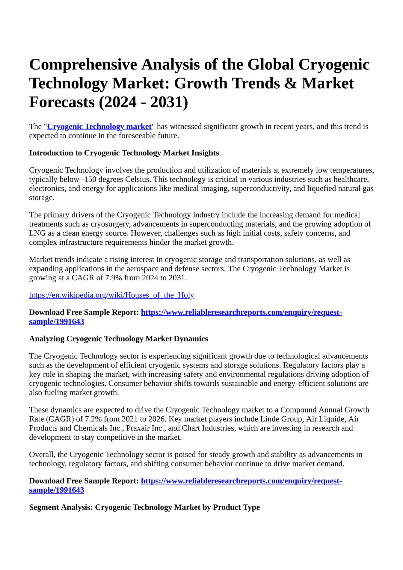 Reportprime Comprehensive Analysis Of The Global Cryogenic Technology