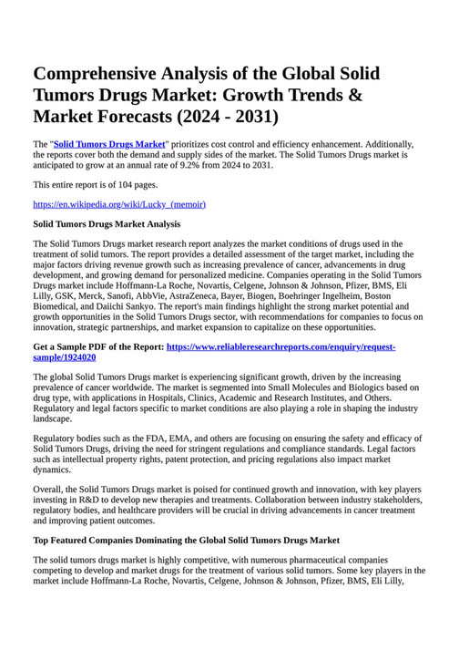 Reportprime Comprehensive Analysis Of The Global Solid Tumors Drugs