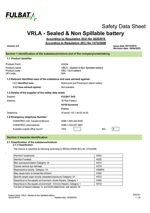 McLeod Accessories - FULBAT MSDS SLA GEL BATTERY UN2800 V4_UK - Page 1