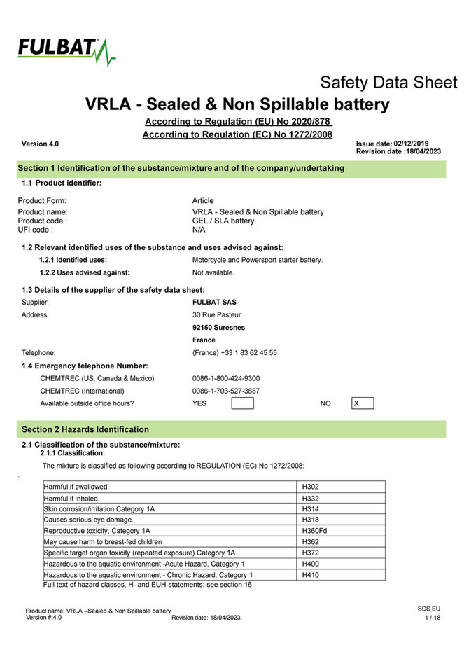 McLeod Accessories - FULBAT MSDS SLA GEL BATTERY UN2800 V4_UK - Page 1