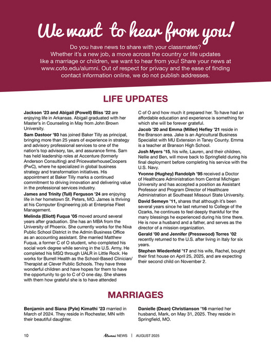 College of the Ozarks - Fall 2025 Alumni News - Page 9