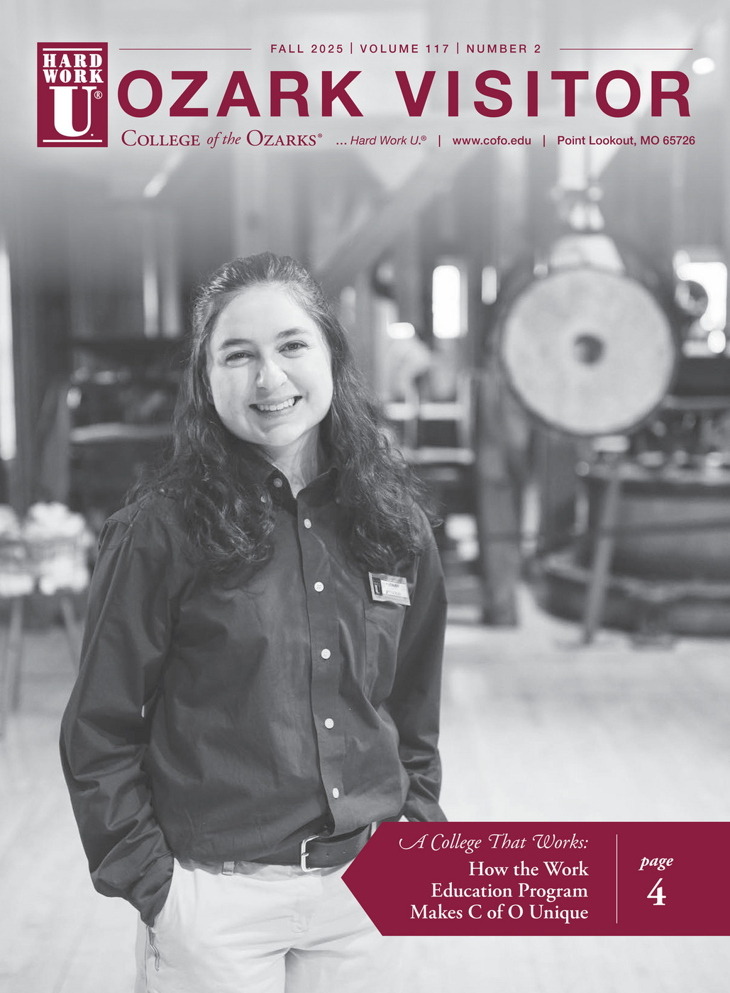 Cover of Ozark Visitor Fall 2025 featuring a smiling College of the Ozarks student in a work setting.
