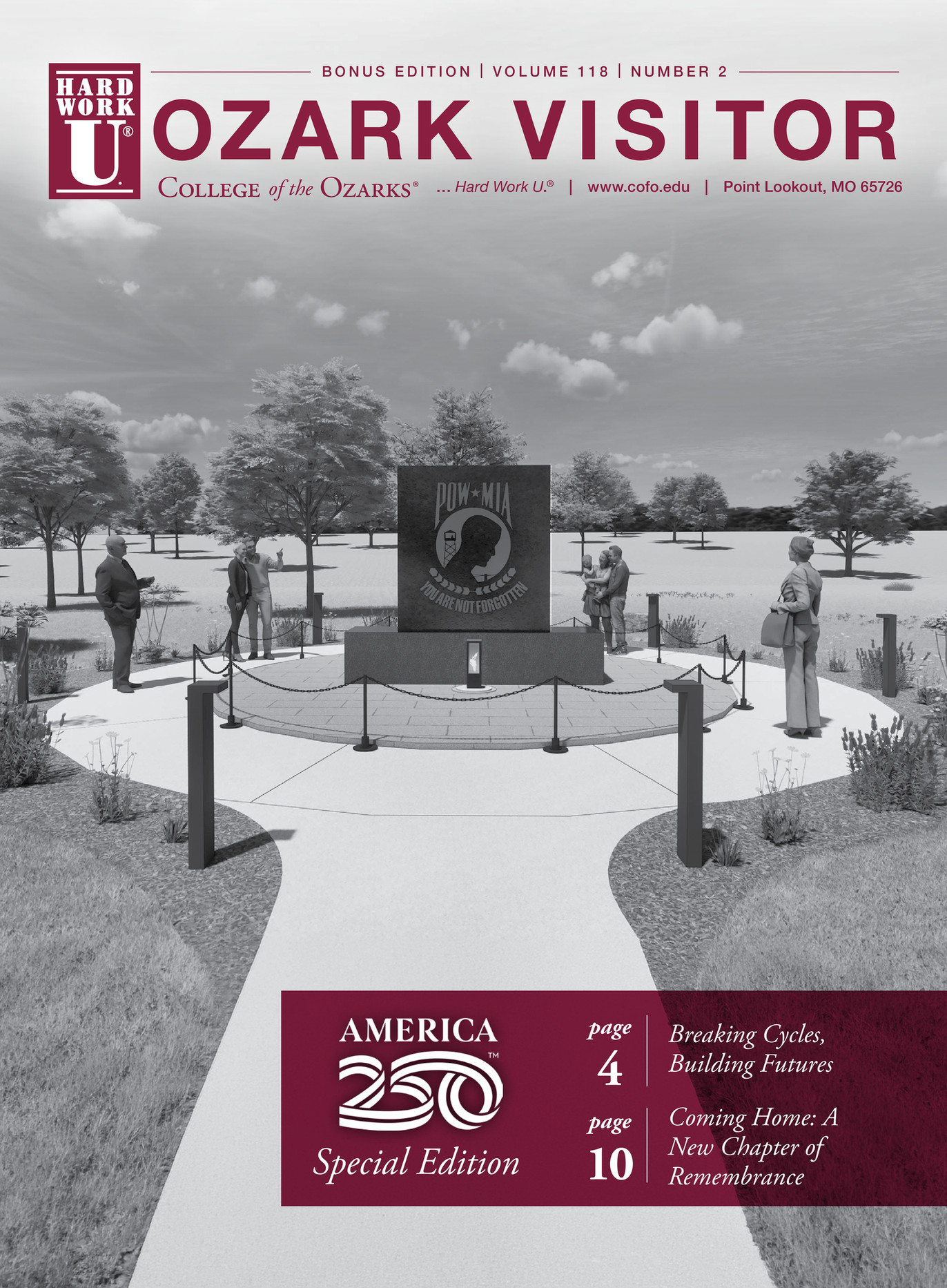 Cover of the Bonus Edition (Volume 118, Number 2) of the Ozark Visitor, the magazine of College of the Ozarks: the POW*MIA memorial planned for Patriots Park. America 250 Special Edition.