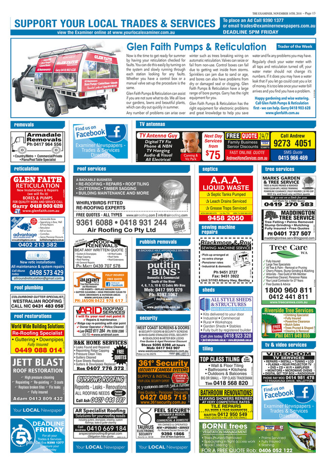 Examiner Newspapers Canning Trades Examiner Newspapers 14th November 2018 Page 1