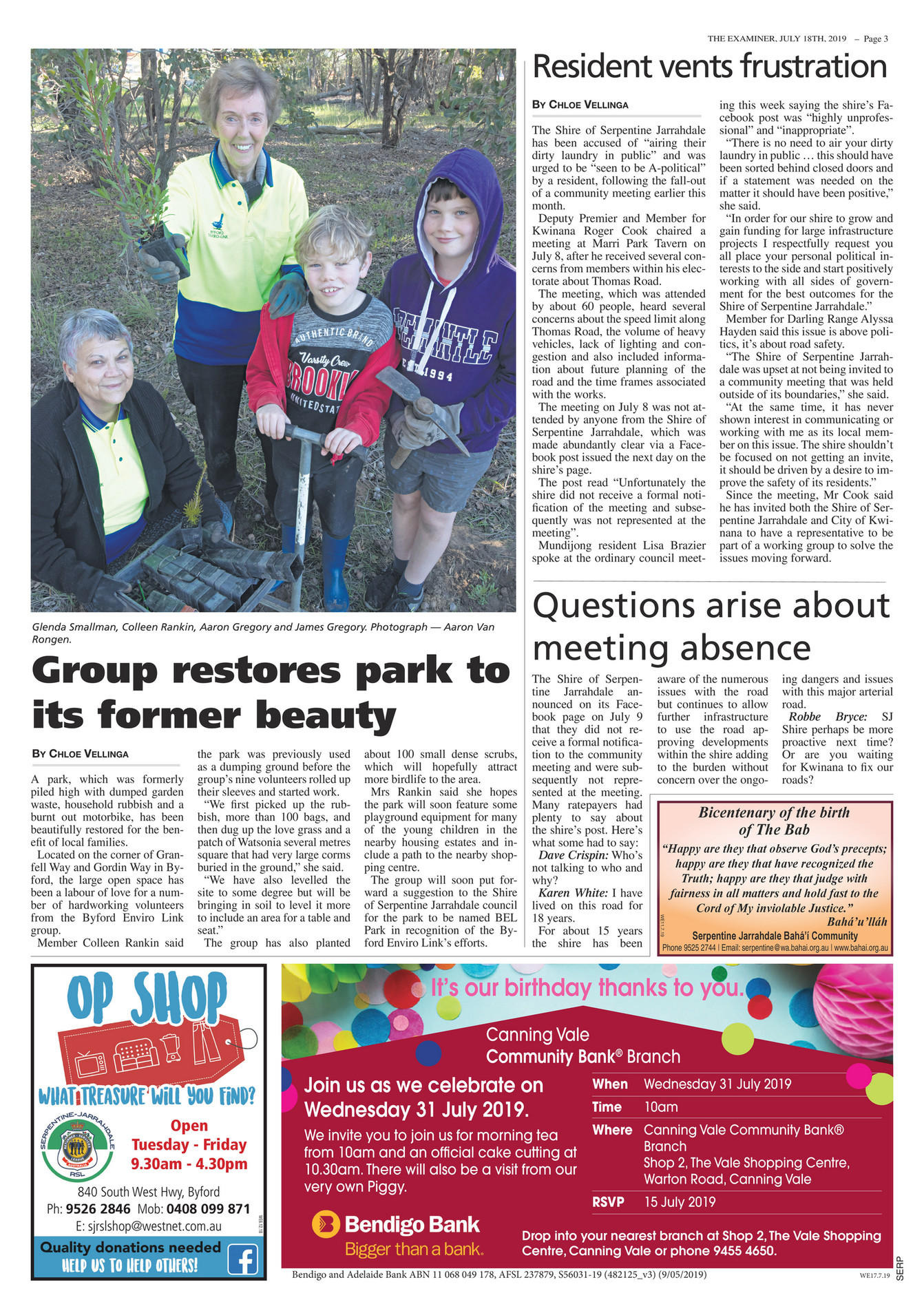 Examiner Newspapers Serpentine Jarrahdale Examiner Newspapers 18h July 19 Page 1