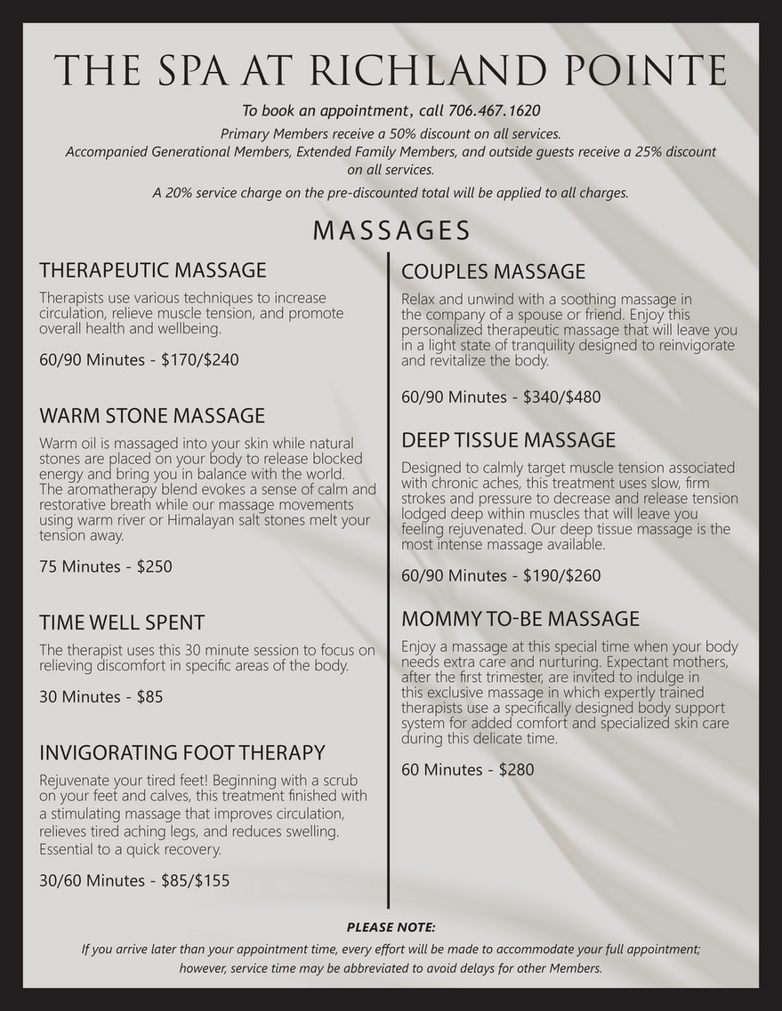 Spaa List Spa Treatments List