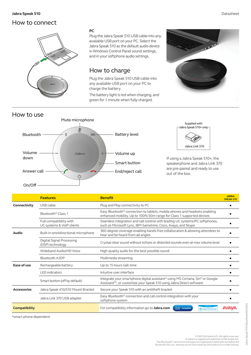 Jabra - Jabra Speak 510 Datasheet A4 200123 Web - Page 1