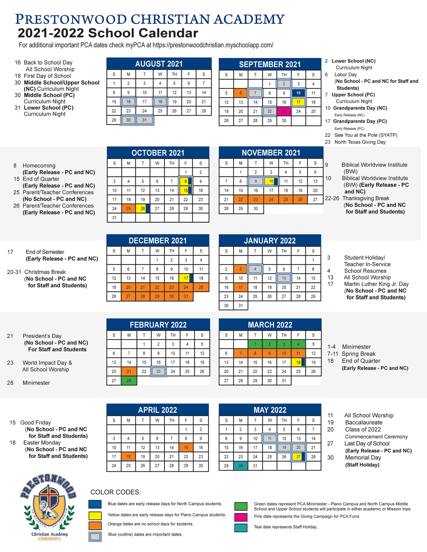 Prestonwood Christian Academy - PCA calendar 2021-22 - Page 1