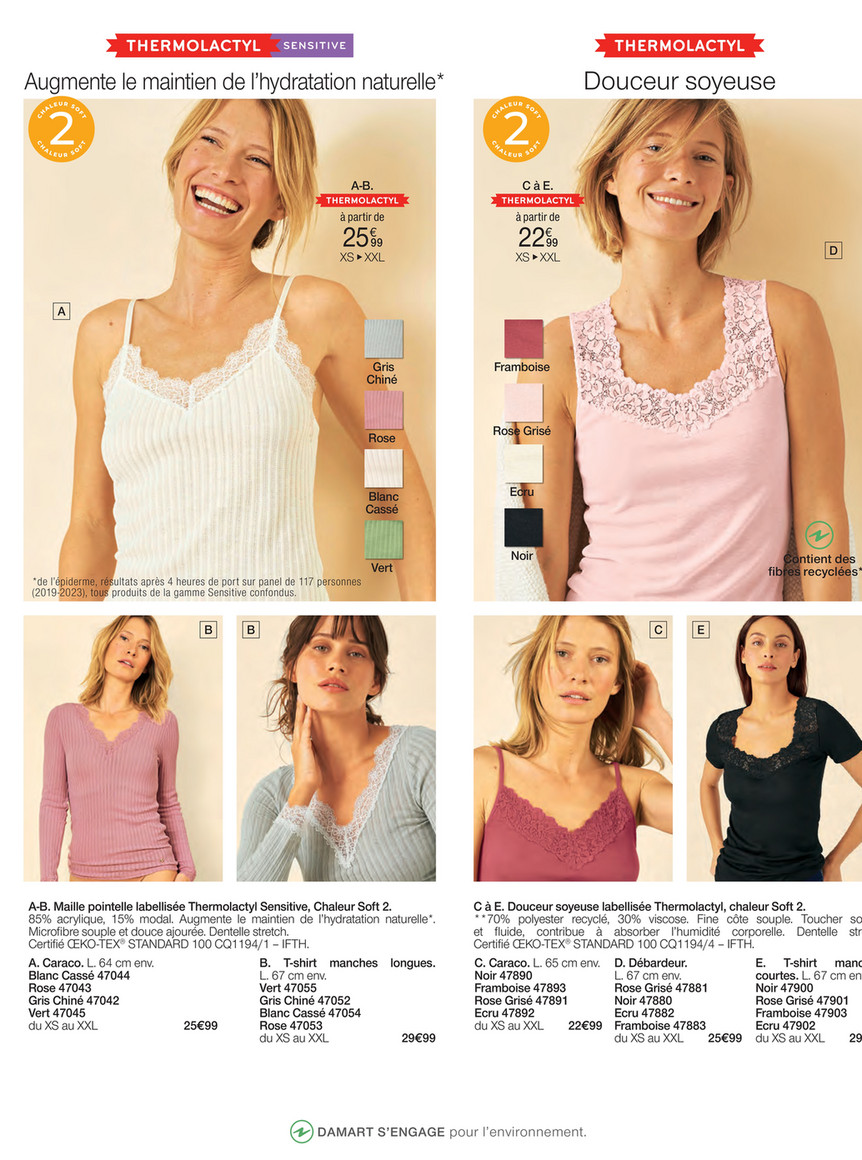 T-shirt Manches Longues Thermolactyl Damart - Maille Ajourée Degré 4 - Taille S (38-40) - Rose - Chaleur Intense