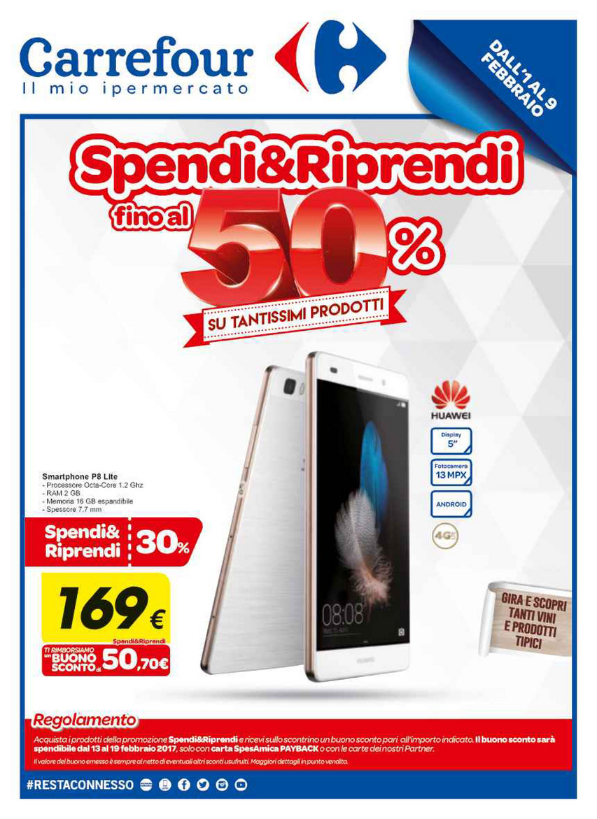 Volantino Carrefour Spendi e Riprendi fino al 50% dall'1 al 9 Febbraio  2017