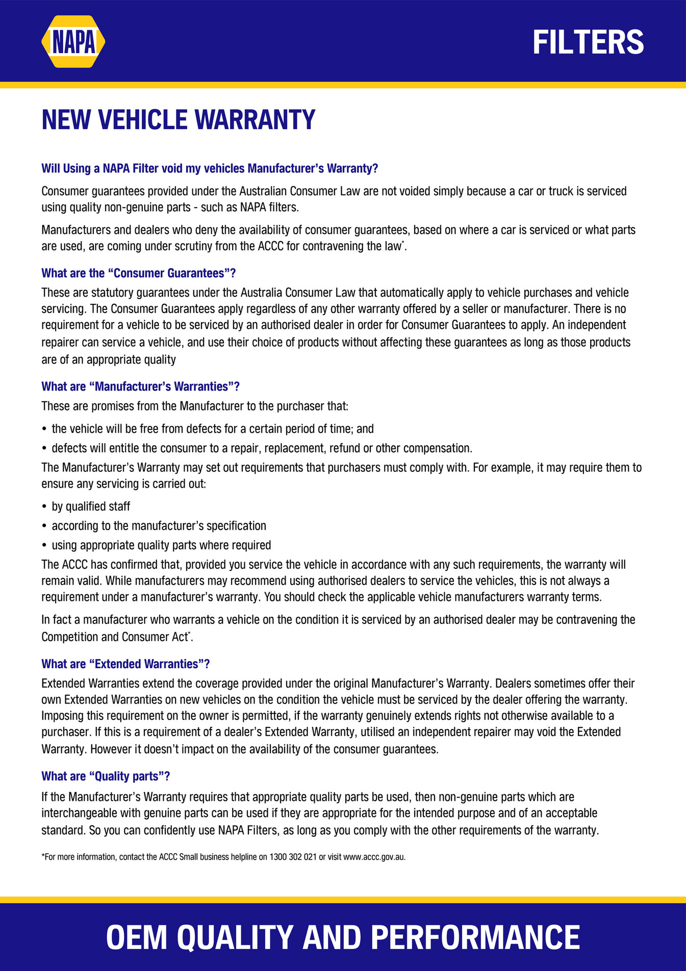 NAPA Auto Parts MS 200108 NAPA Filtration New Vehicle Warranty A4