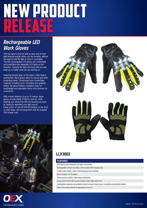 NAPA Auto Parts NP (OEX) 230008 Rechargeable LED Work Gloves LLX3002 Page 1