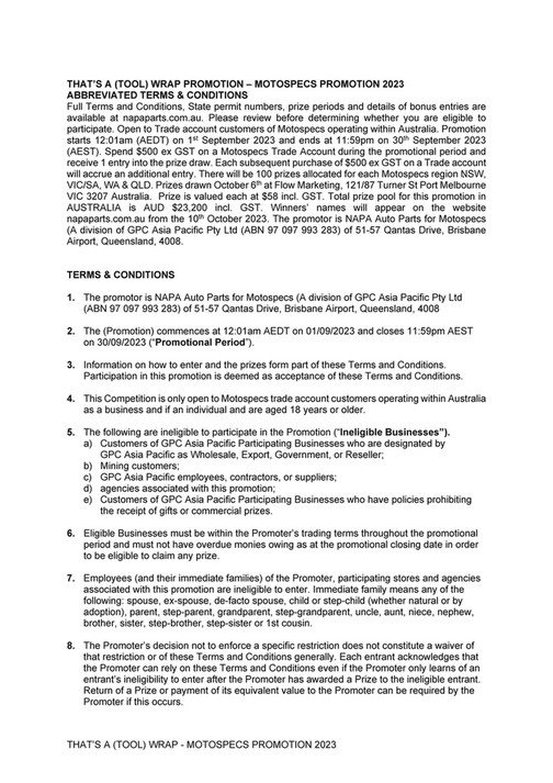 NAPA Auto Parts That's a (Tool) Wrap Motospecs September 2023 Terms