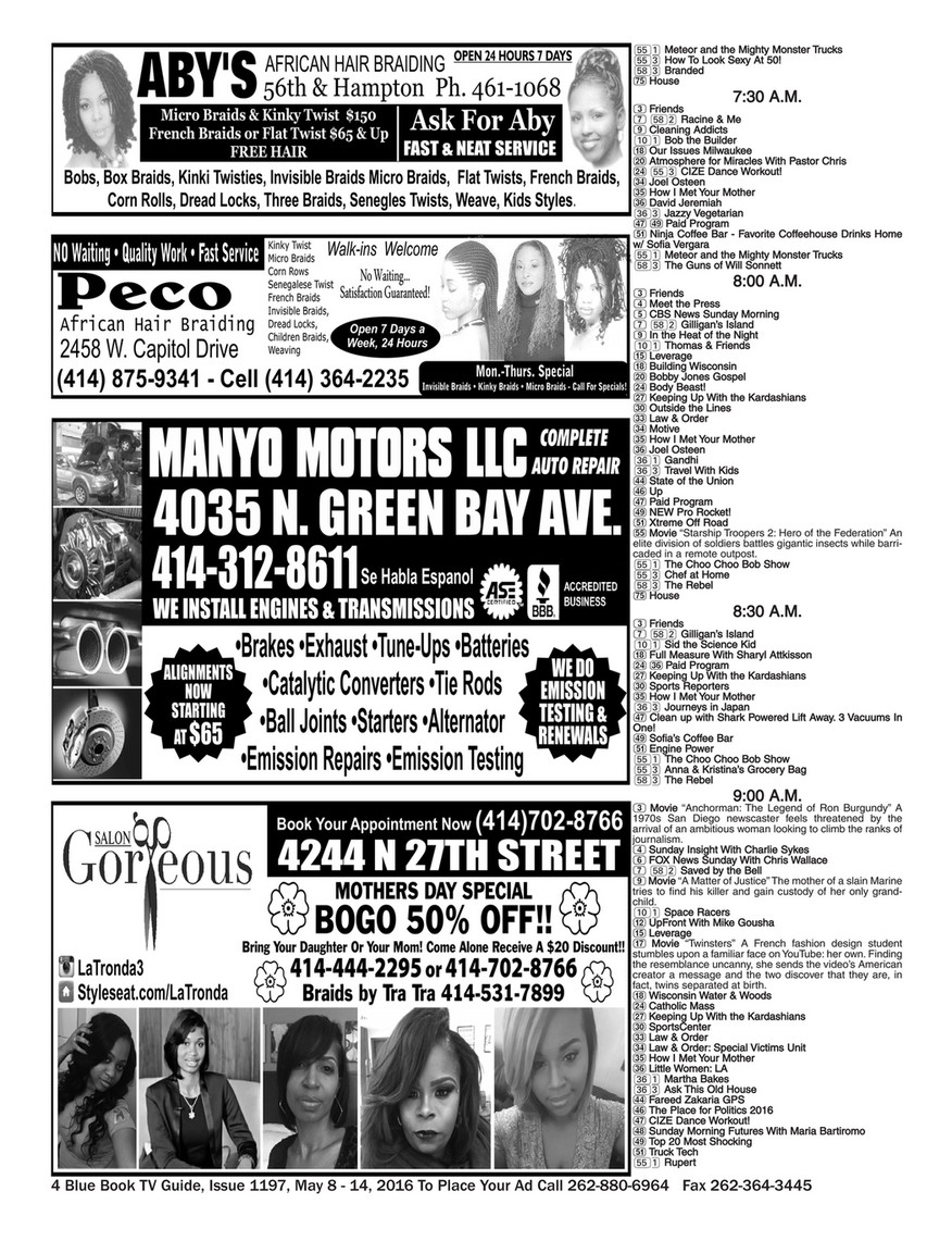 Blue Book Milwaukee - ISSUE 1197 BLUE BOOK MILWAUKEE TV GUIDE TO PLACE YOUR  AD CALL 262-880-6964 - Page 1