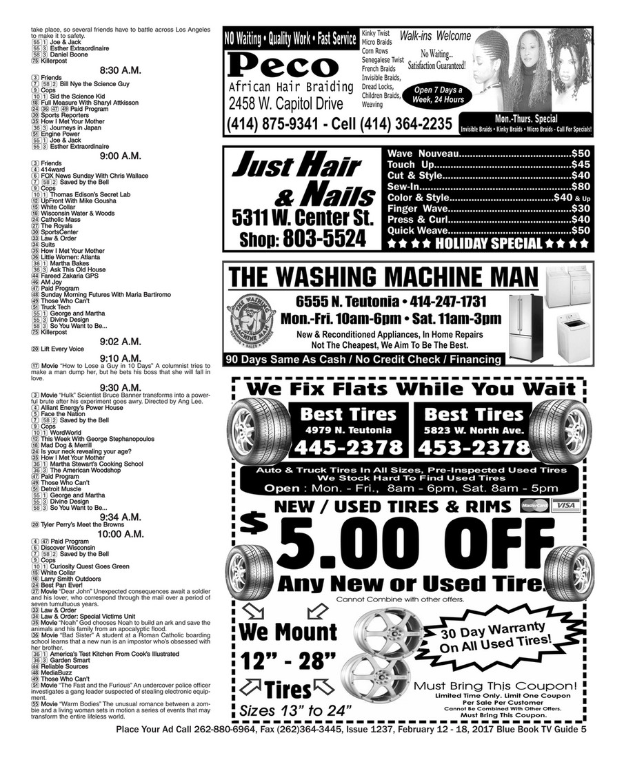 Blue Book Milwaukee Issue 1237 Feb 12 18 17 Blue Book Milwaukee Tv Guide 262 0 6964 Page 4 5 Created With Publitas Com