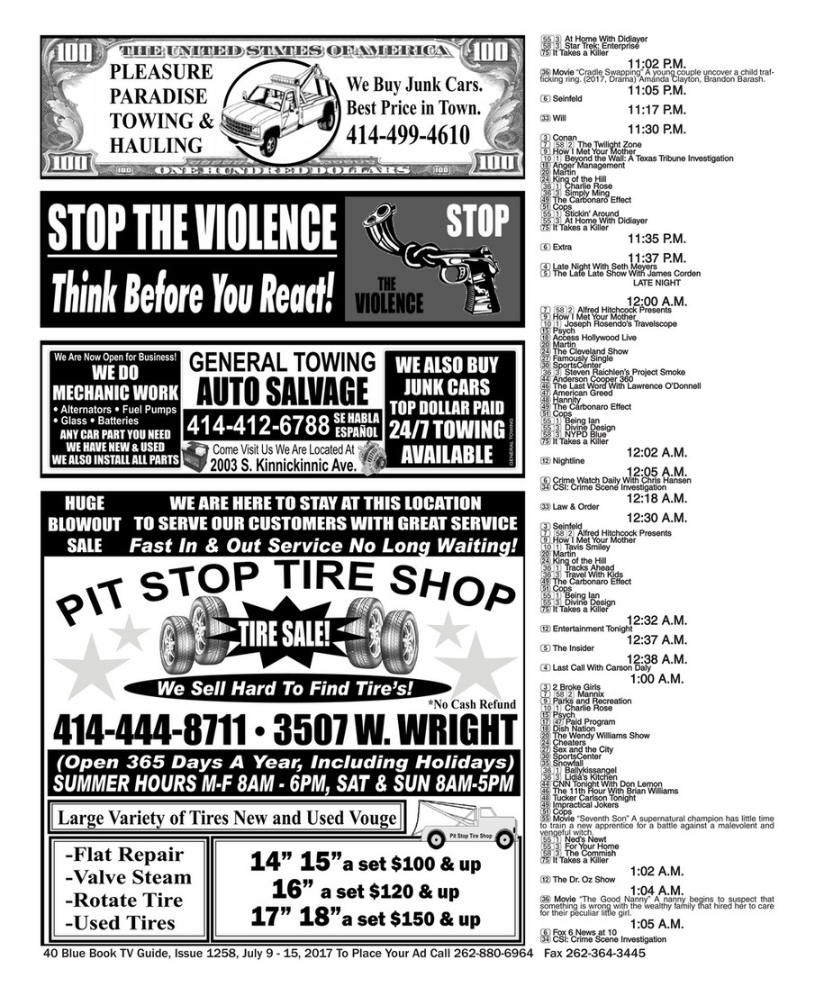 Blue Book Milwaukee Issue 1258 July 9 15 17 Blue Book Milwaukee Tv Guide To Place Your Ad 262 0 6964 Page 40 41 Created With Publitas Com