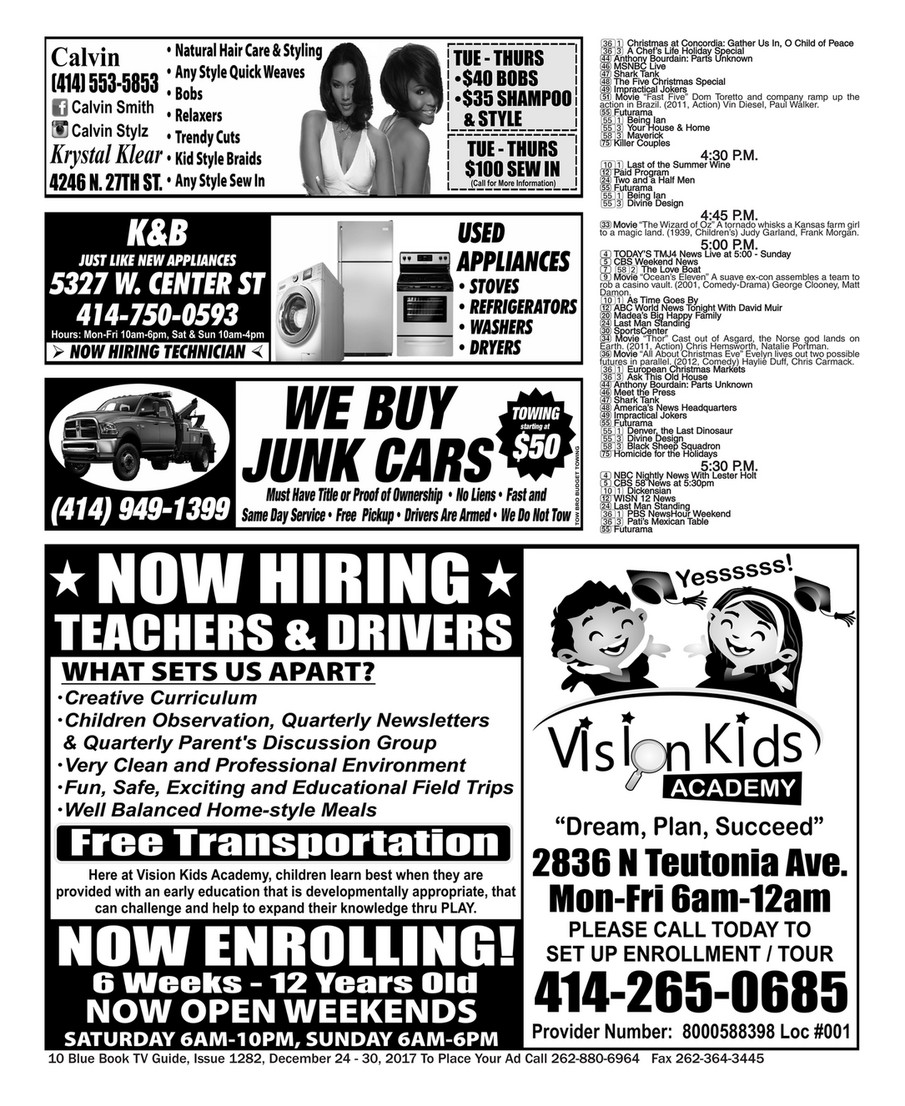 Blue Book Milwaukee Issue 1282 Dec 25 31 2017 Blue Book Milwaukee Tv Guide Call 262 880 6964 Page 10 11 Created With Publitas Com