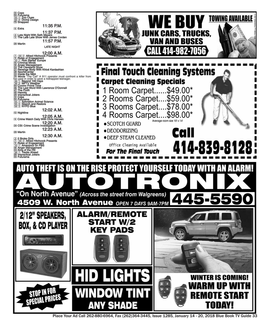 Blue Book Milwaukee Issue 1285 Jan 14 20 2018 Blue Book Milwaukee Tv Guide Call 262 880 6964 To Place Your Ad Page 32 33 Created With Publitas Com