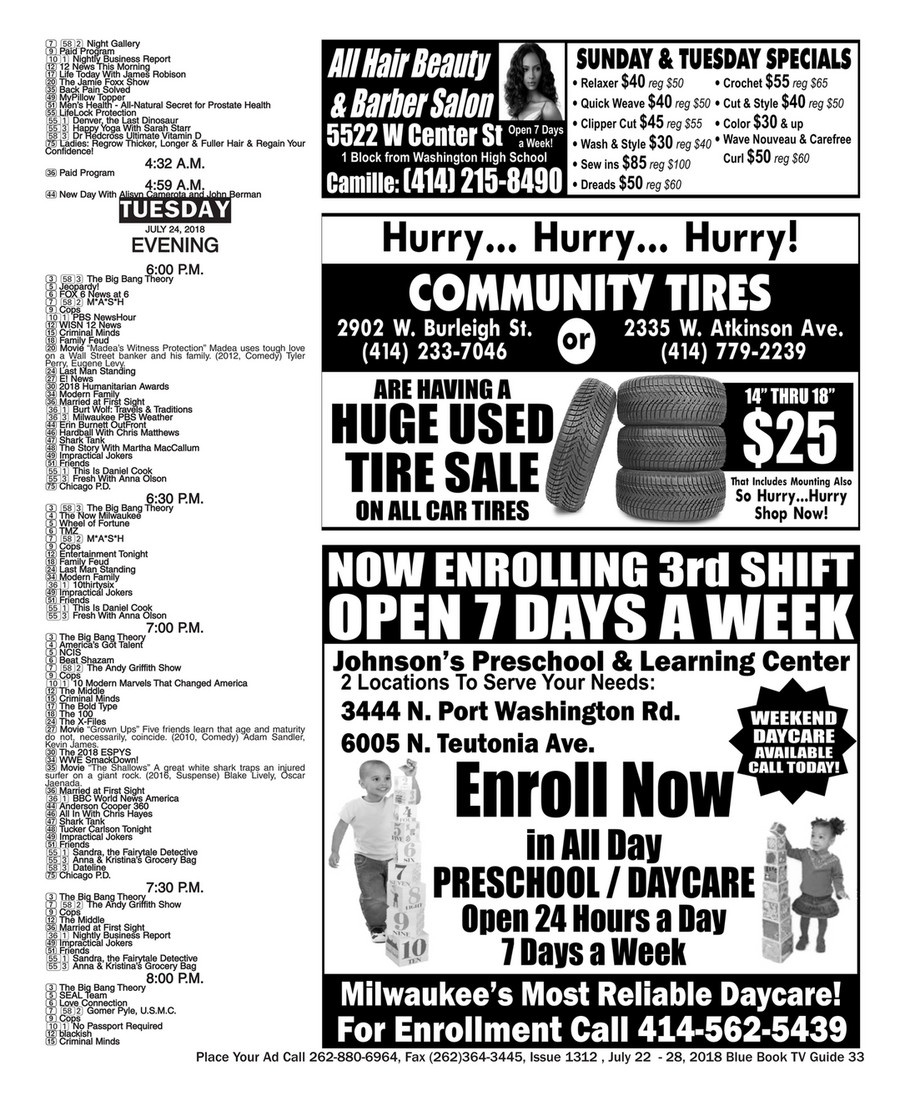 Blue Book Milwaukee Issue 1312 July 22 28 18 Blue Book Milwaukee Tv Guide 262 0 6964 To Place Your Ad Page 32 33 Created With Publitas Com