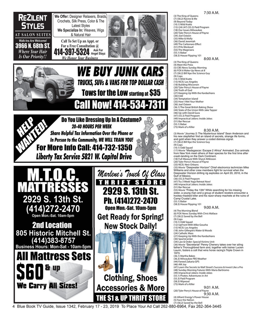 Blue Book Milwaukee Issue 1342 Feb 17 23 19 Blue Book Tv Guide To Place Your Ad Call 262 0 6964 Page 1 Created With Publitas Com