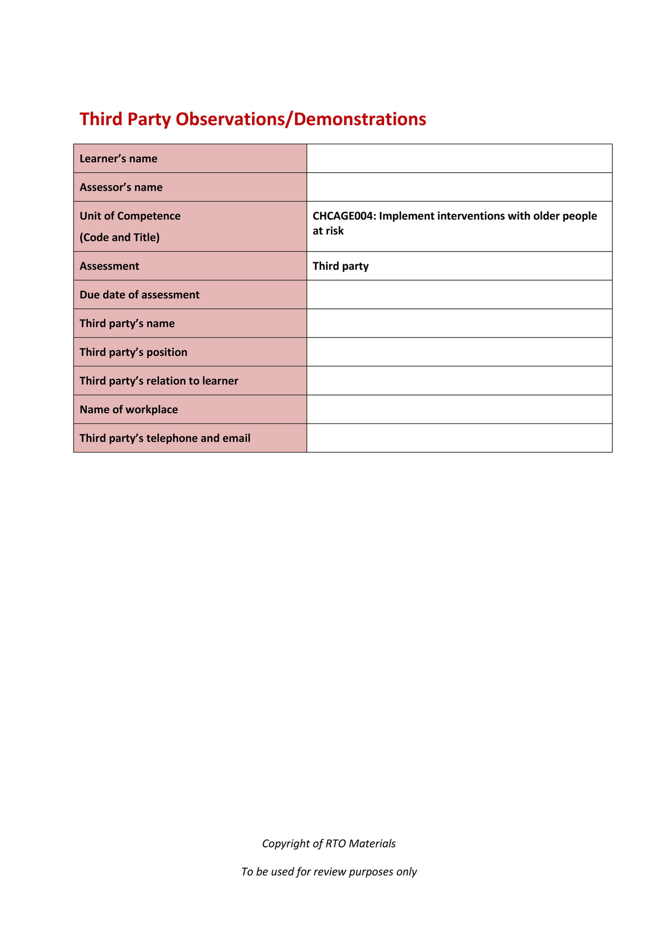 Simulation Observation Checklist RTO Materials - CHCAGE004 Observation and Demonstration Checklists V1.0 ...