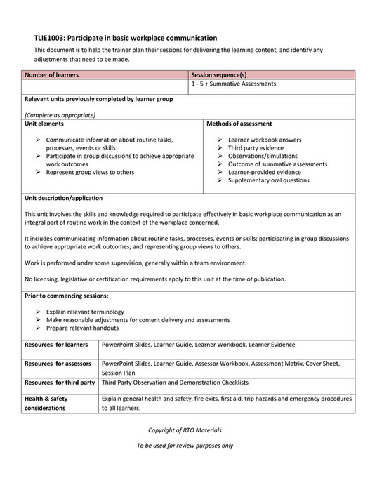 RTO Materials - TLIE1003 Session Plan V1.0 - Page 1