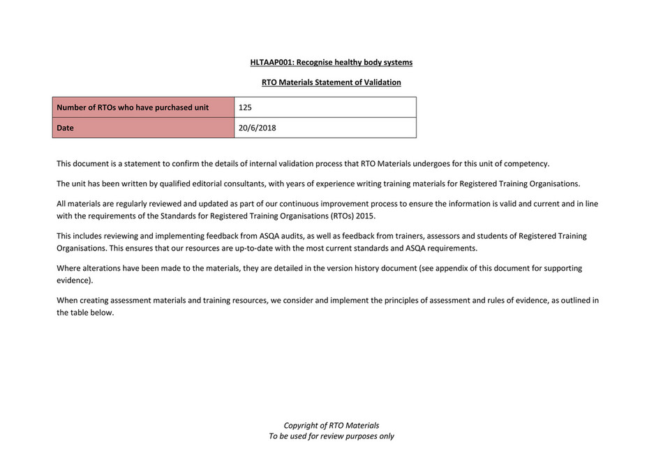 RTO Materials - HLTAAP001 RTO Materials statement of validation - Page 1