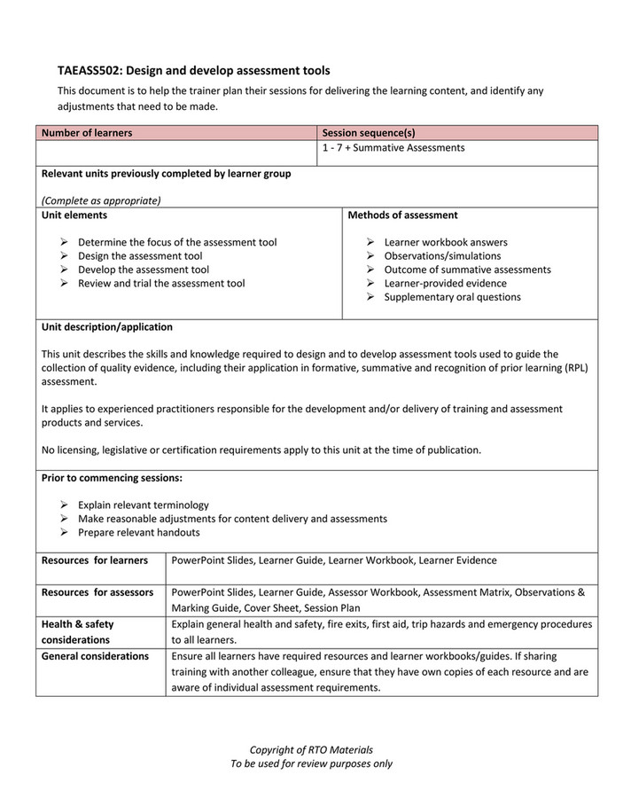 Assessment Session Plan Learner Example.pdf RTO Materials - TAEASS502 Session Plan V1.0 - Page 1