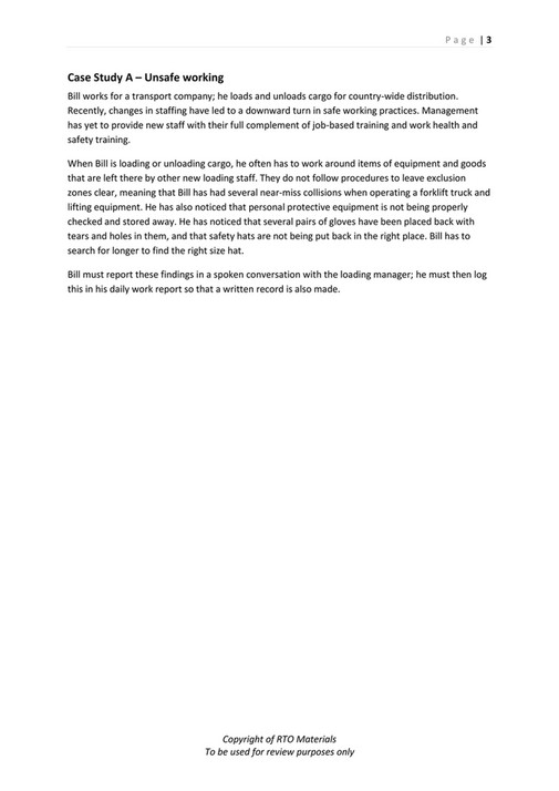 Safe Work Case Study RTO Materials - TLIA1001 Case Studies V1.0 - Page 2-3