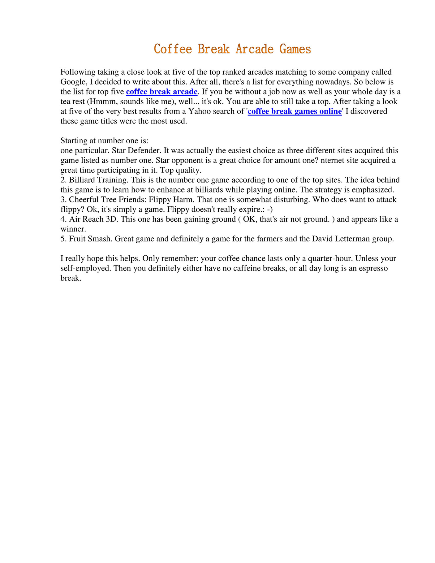 My publications Coffee Break Arcade Games Page 1 Created with