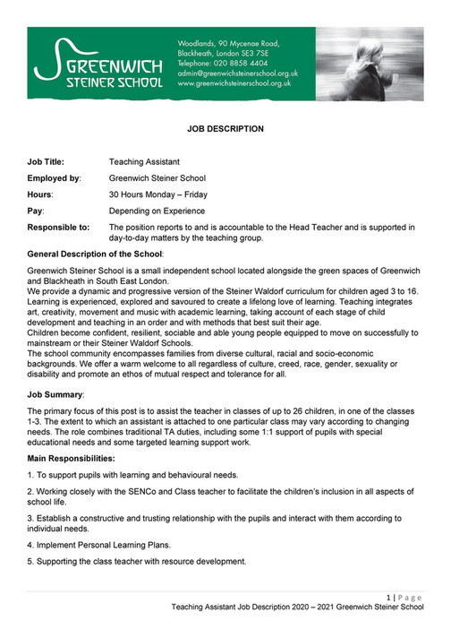 Greenwich Waldorf School Job Description Teaching Assistant Page 1 Created with