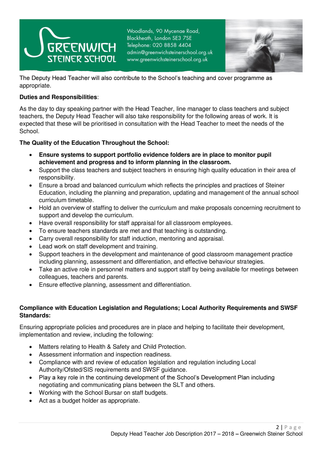 Greenwich Steiner School - Person Specification For Deputy Head Teacher Role  - Page 2-3 - Created With Publitas.com