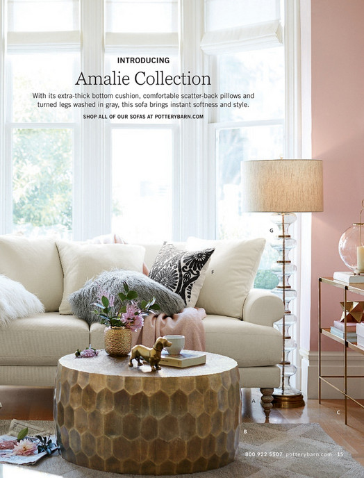 Pottery Barn Spring 2018 D1 Vince Metal Foil Coffee Table Brass Introducing Amalie Collection With Its Extra Thick Bottom Cushion Comfortable Ter Back Pillows
