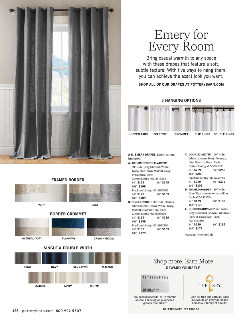 Pottery Barn Winter 2018 D2 Emery Linen Grommet Drape 50 X 96