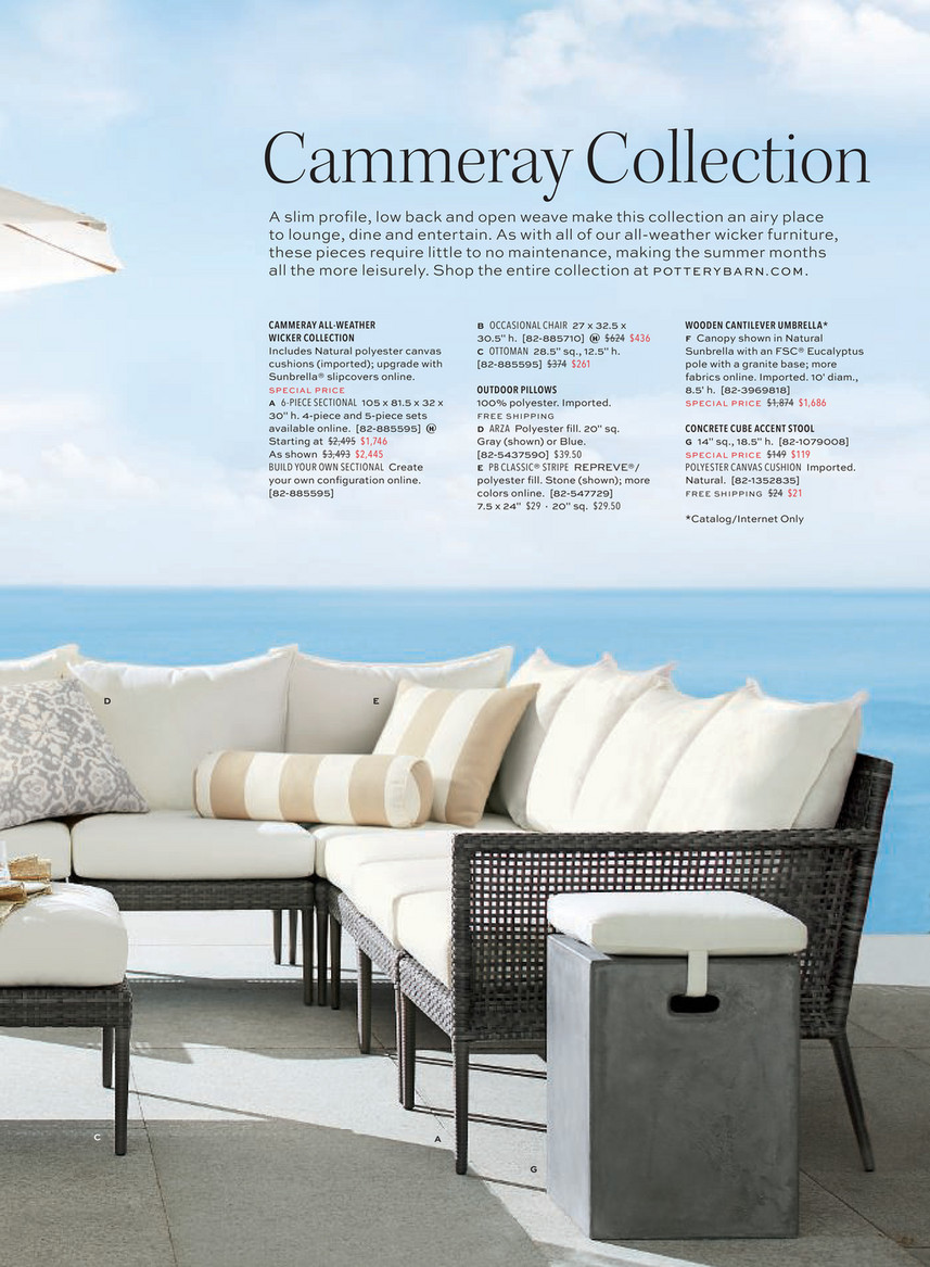 6 piece sectional outdoor patio sets on Pottery Barn Outdoor 2019 D2 Cammeray All Weather Wicker 6 Piece Sectional Set With Cushion 1 Corner 3 Armless 1 Left Arm 1 Right Arm Gray