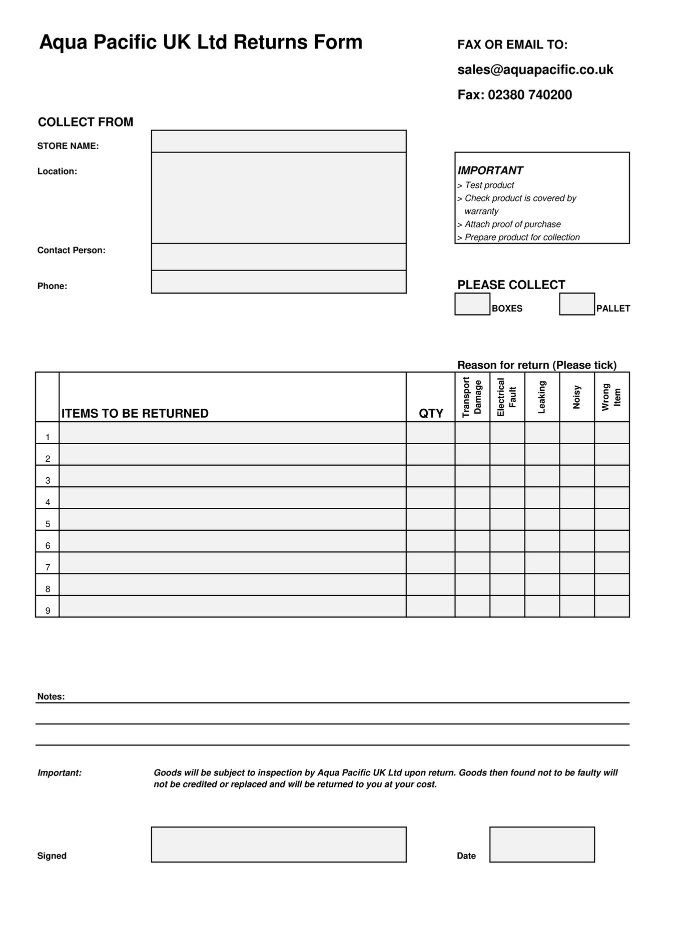 Aqua Pacific UK Ltd - Aqua One Revised AP Warranty Returns Form - Page ...