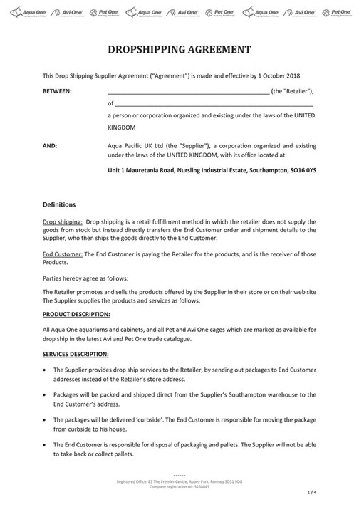 Aqua Pacific Uk Ltd - Aqua One Drop Ship Agreement And Order Form 