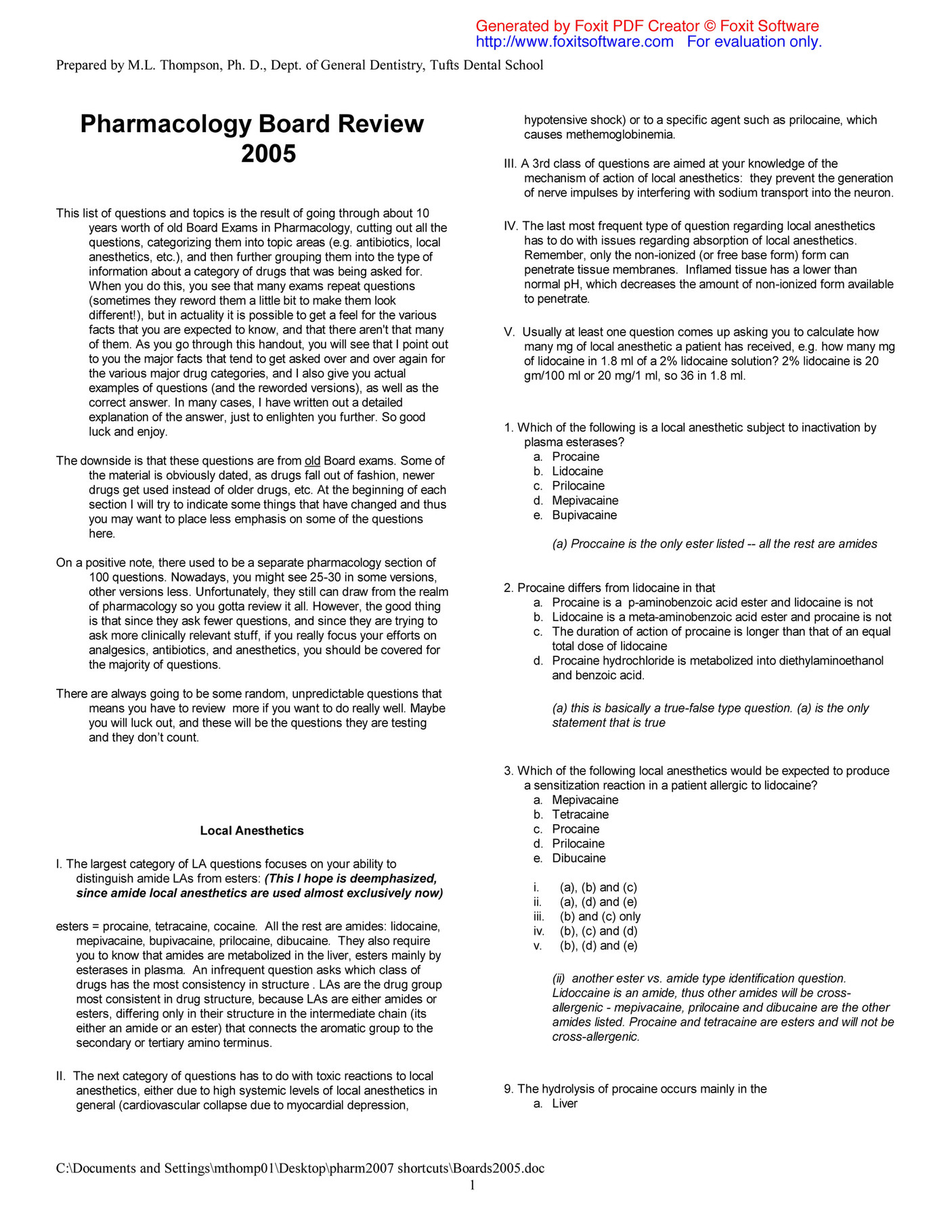 list of amide and ester local anesthetics