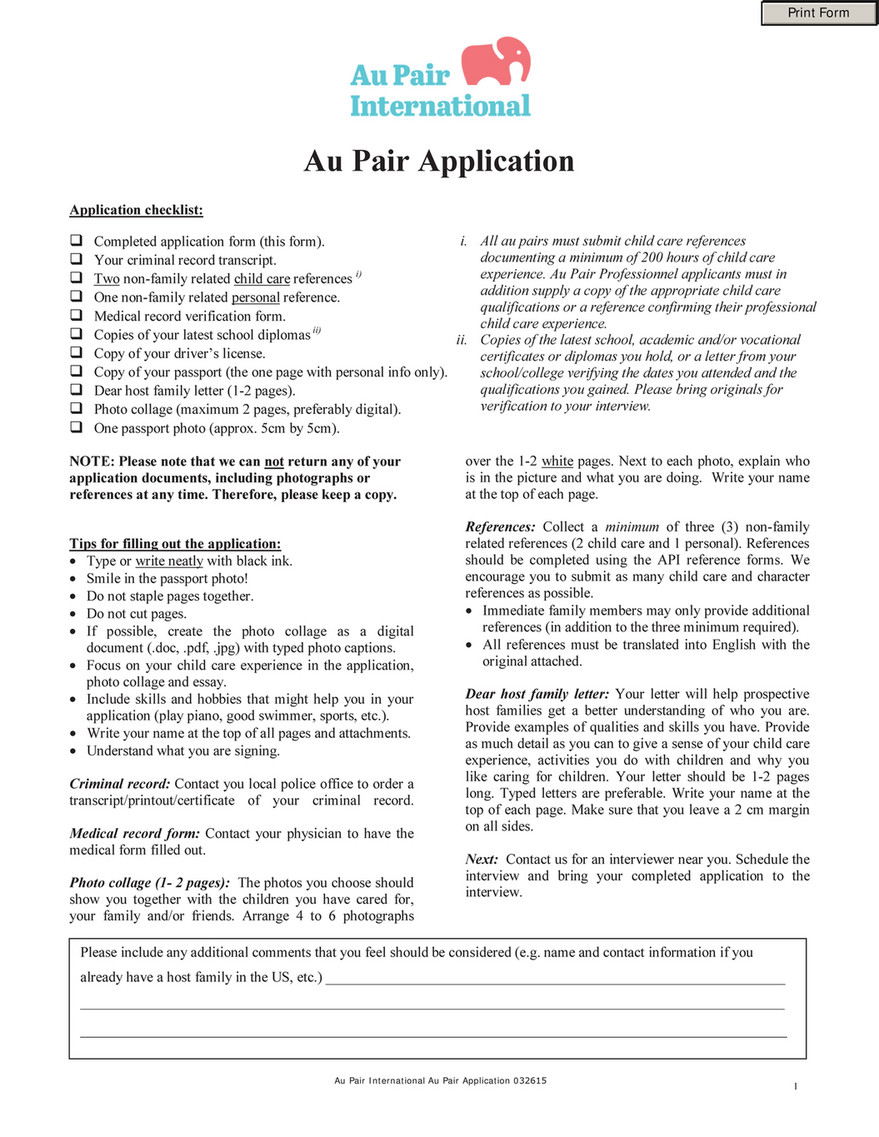 Application for Au Pair Academy
