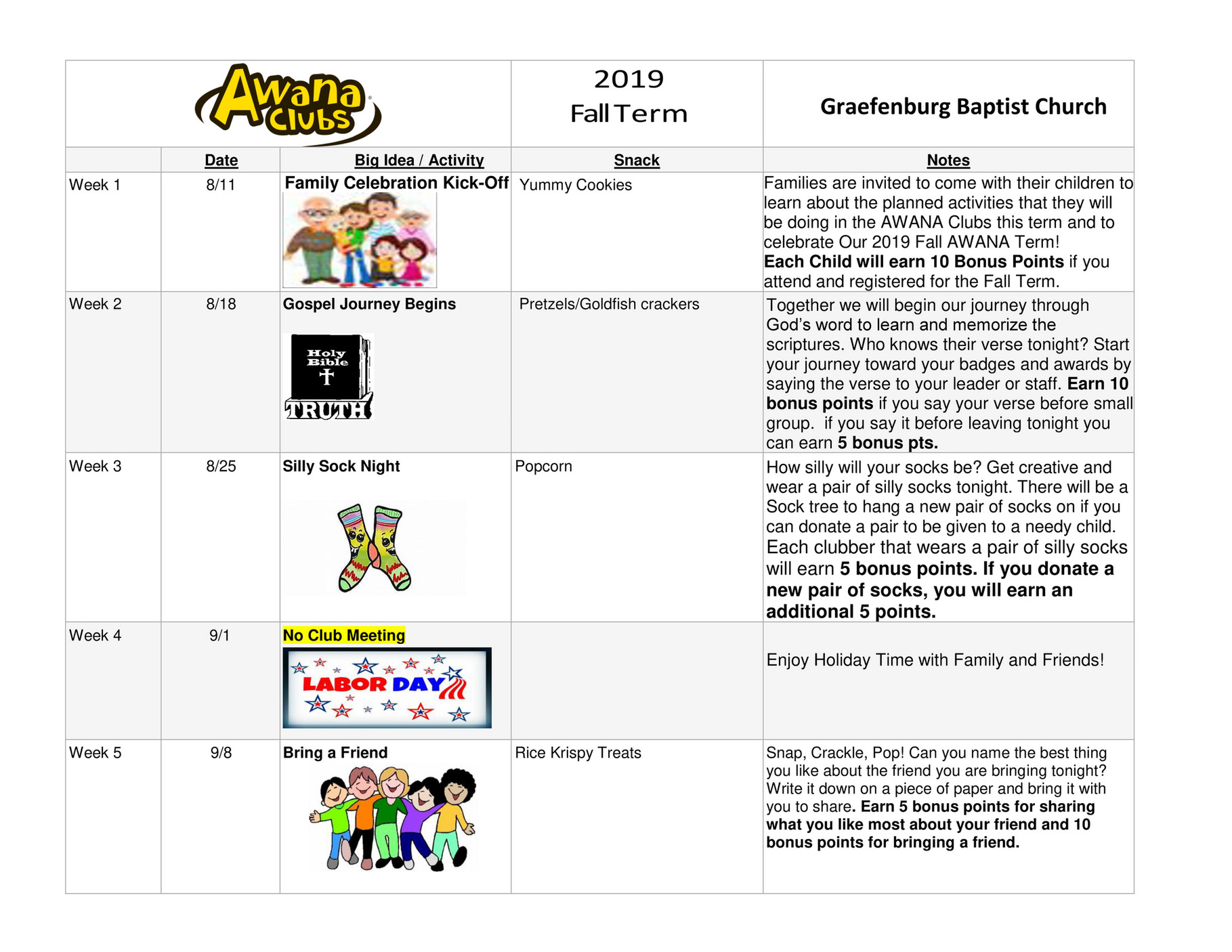 Graefenburg Baptist Church AWANA Fall 2019 Calendar Page 1