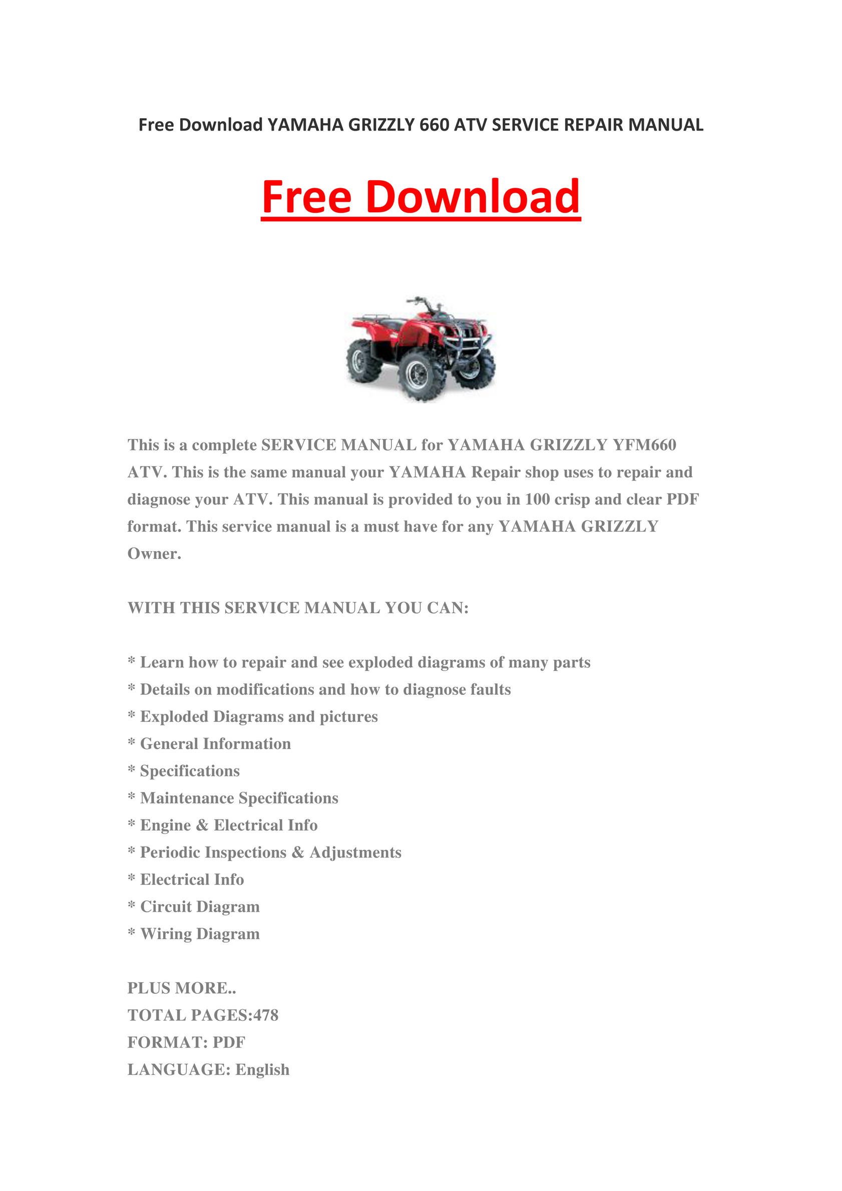 My Publications Yamaha Grizzly 660 Atv Service Repair Manual Page 1 Created With Publitas Com