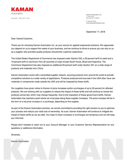 Motion Kaman Automation Tariff Notification Page 1
