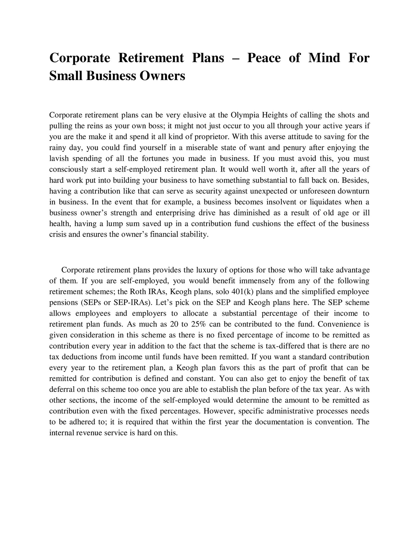 GIT Expert Corporate Retirement Plans Peace of Mind For Small Business Owners Page 1