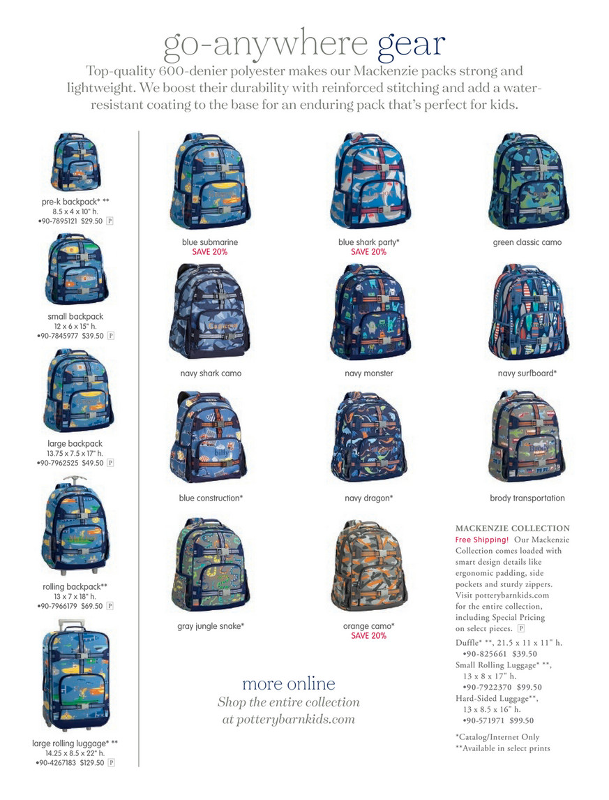 Pottery Barn Kids (PBK) - Summer - June 2016 - Large Backpack, Fairfax Navy  with Embroidered Alligator