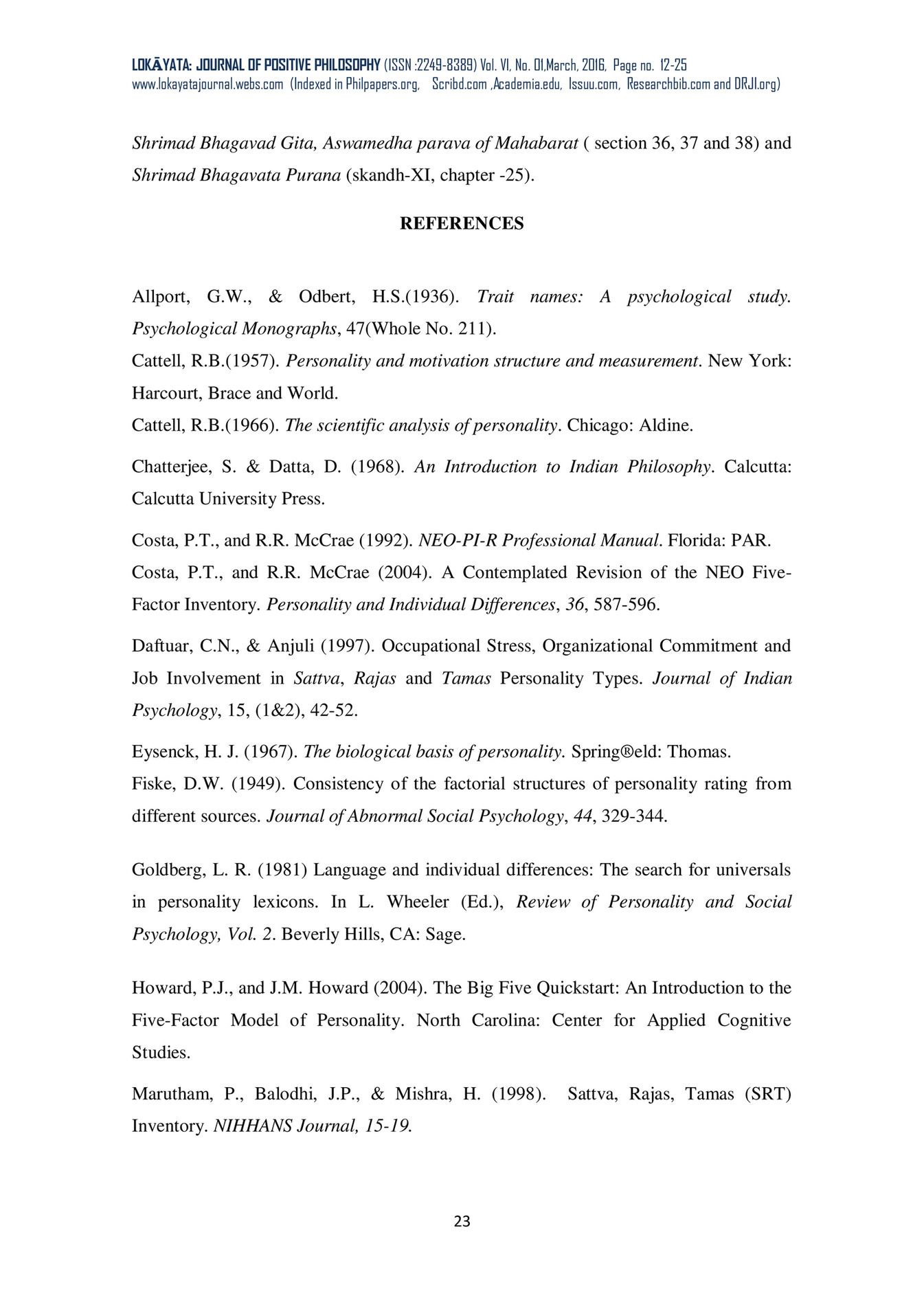 My Publications The Relationship Between The Triguna And Five Factor Model Of Personality Page 12 13 Created With Publitas Com