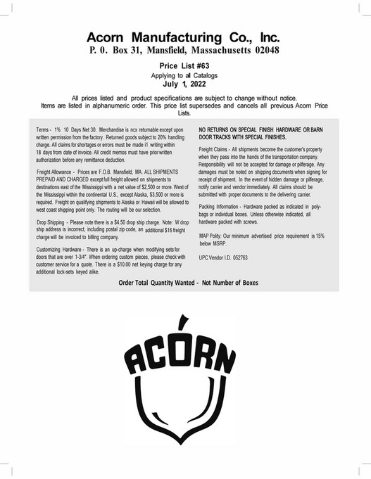 Acorn Manufacturing - Price List 2022 - Page 2-3