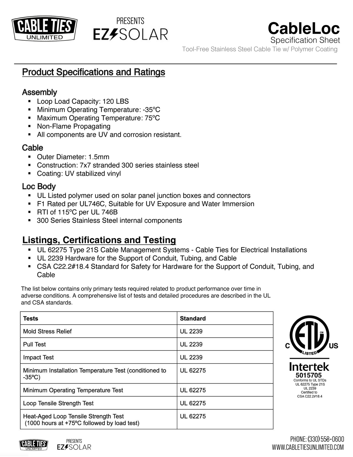 Cable Ties Unlimited CableLoc Spec Sheet Page 1