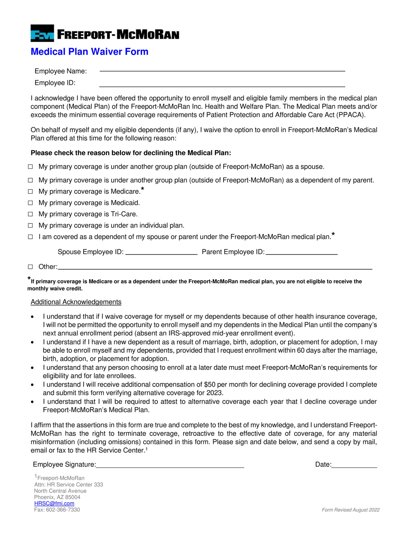 FreeportMcMoRan Medical Plan Waiver Form Page 1