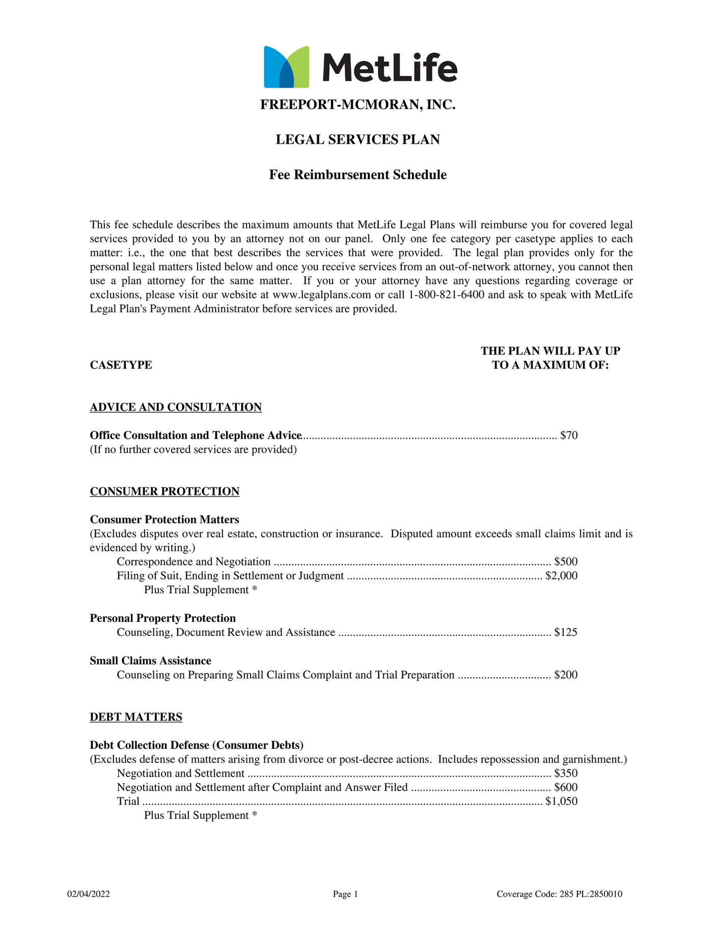 FreeportMcMoRan MetLife Group Legal Fee Schedule Page 1