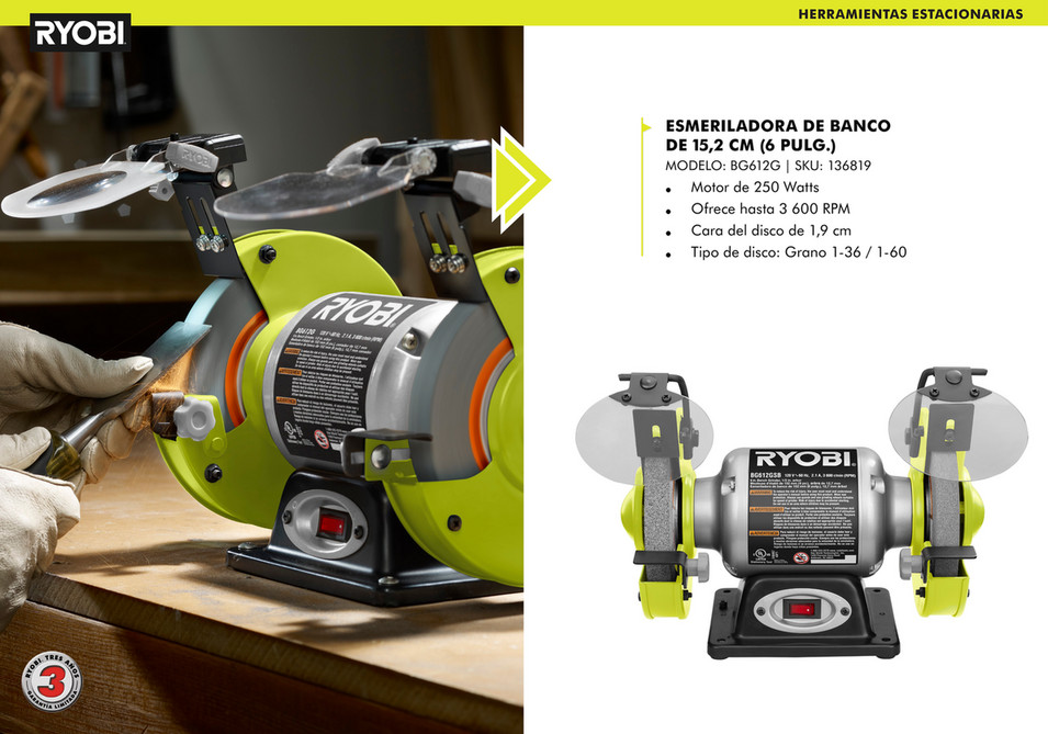 ESMERILADORA DE BANCO DE 6 de 250 WATTS RYOBI